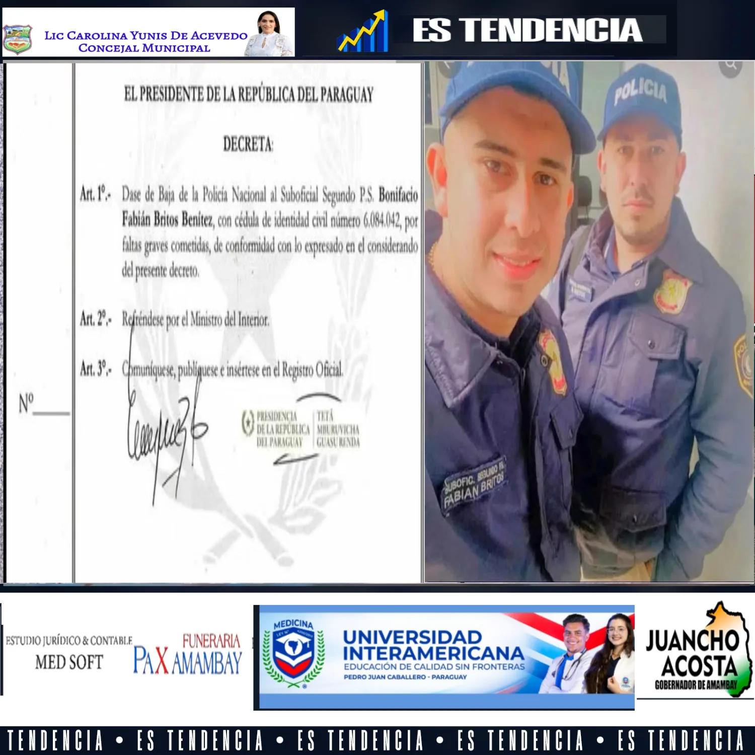 Ejecutivo decreta la baja definitiva de los hermanos policías Miguel Alejandro y Bonifacio Fabián Britos Benítez