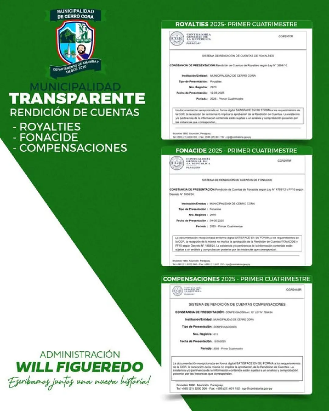 La Municipalidad de Cerro Corá Informo sobre la presentación de rendición de cuentas a la contraloria correspondiente al primer Cuatrimestre